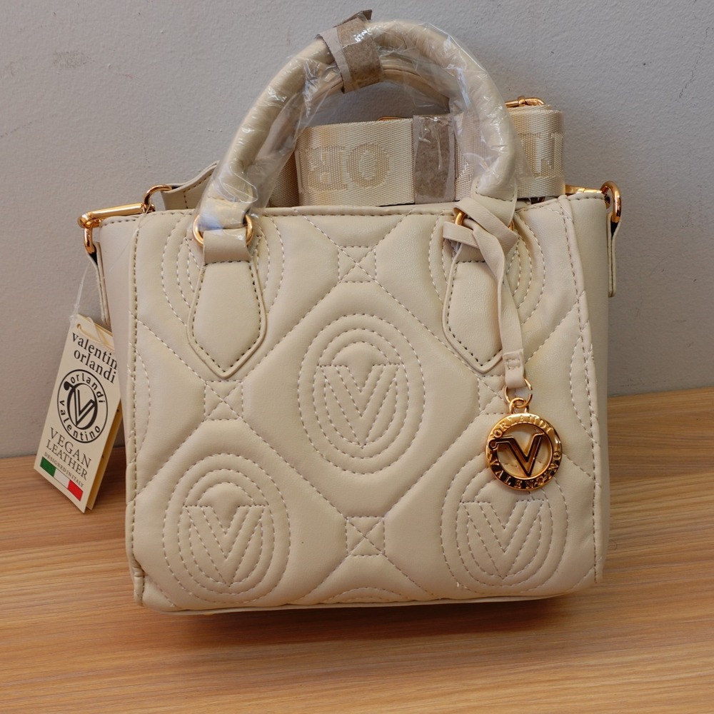 Italian VALENTINO ORLANDI Tote Bag Womens Bone Quilted Logo Crossbody Vegan NEW